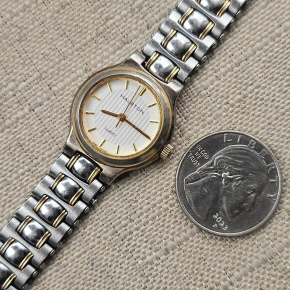 Vintage Halston Ladies Wristwatch Silver Gold Dual Tone Quartz Wrist Watch - Picture 11 of 12